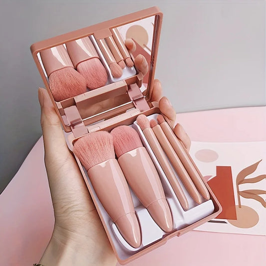 5Pcs Portable Makeup Brush Set With Mirror - Foldable Travel Kit οΌMini Makeup Brush Set Travel Makeup Brush Set